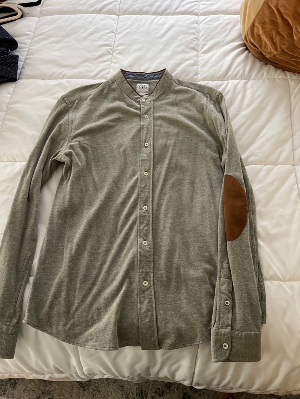 Zara Olive Green Button-Down Shirt with Brown Elbow Patches